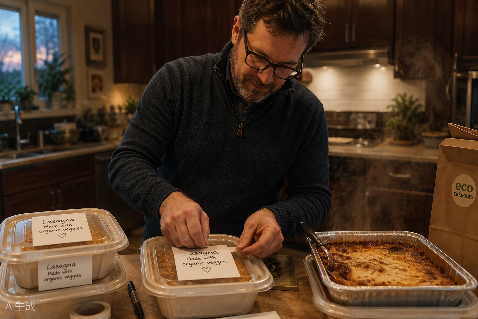 A home cook in Ontario labeling and sealing takeaway containers in his cozy kitchen