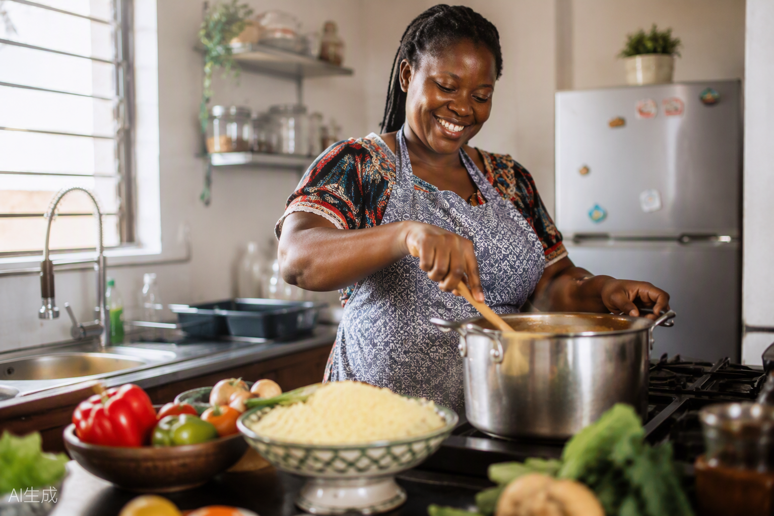 A home cook in Abidjan stirring a pot in her bright home kitchen, fresh ingredients on the counter