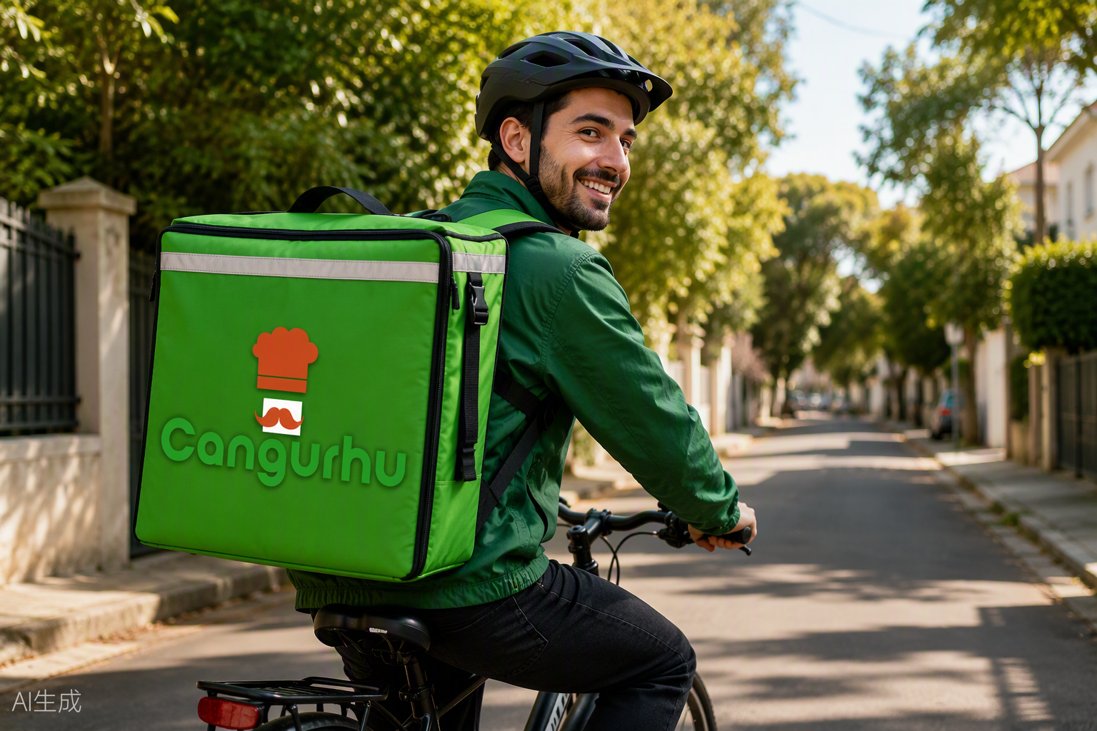 A smiling courier riding a bicycle with a green insulated delivery backpack through a leafy residential street