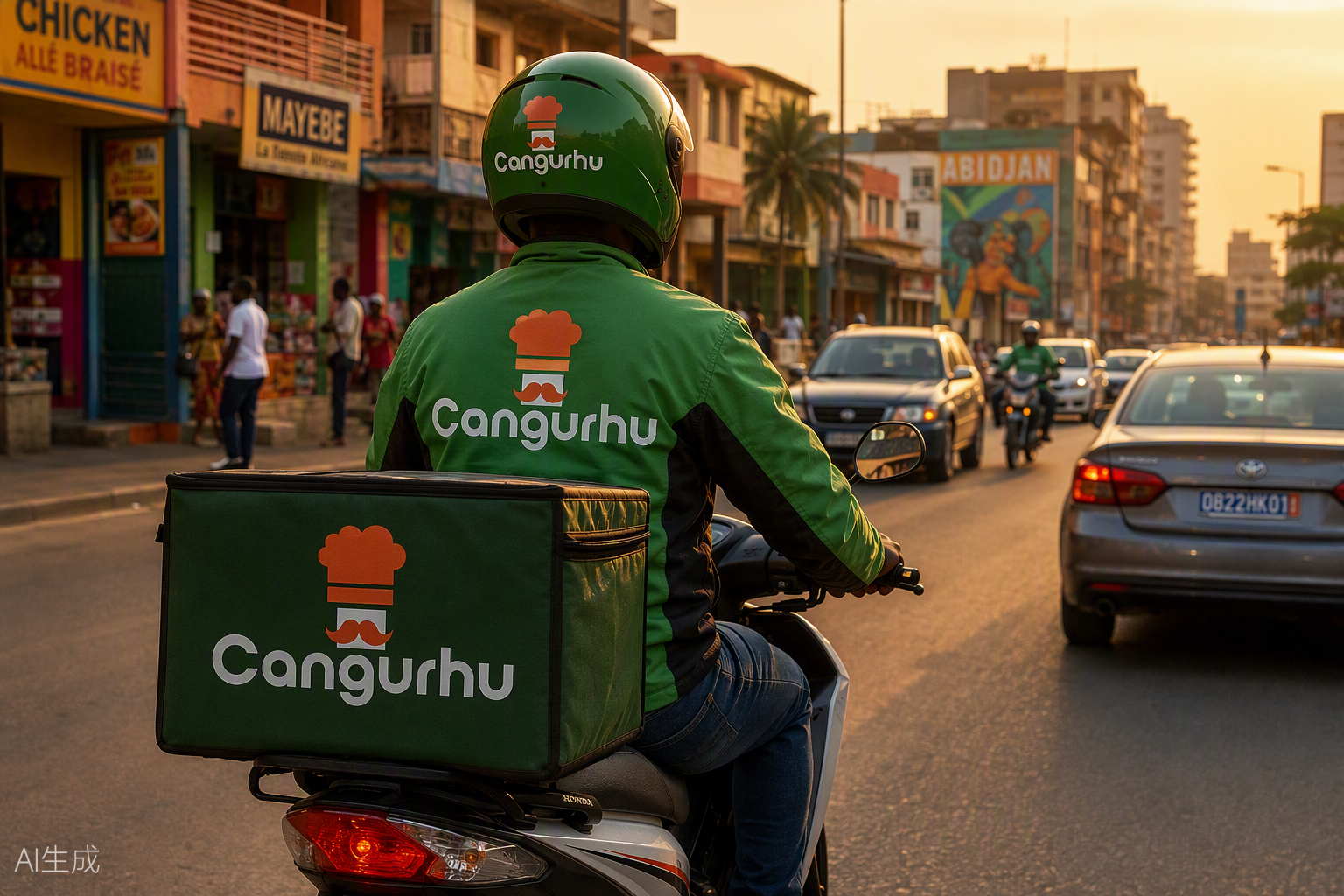 A courier on a motor scooter with a green insulated delivery box riding through a lively city street