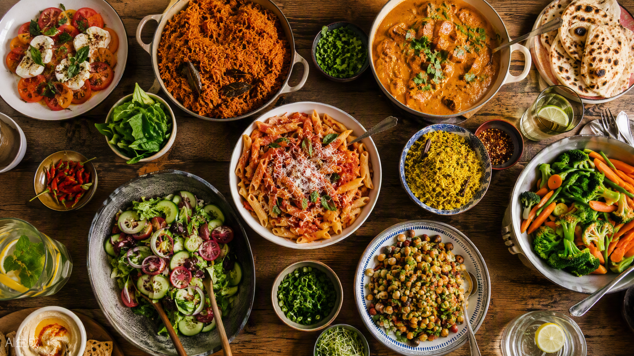 An abundant table of home-cooked dishes from around the world — jollof rice, pasta, curries and fresh salads