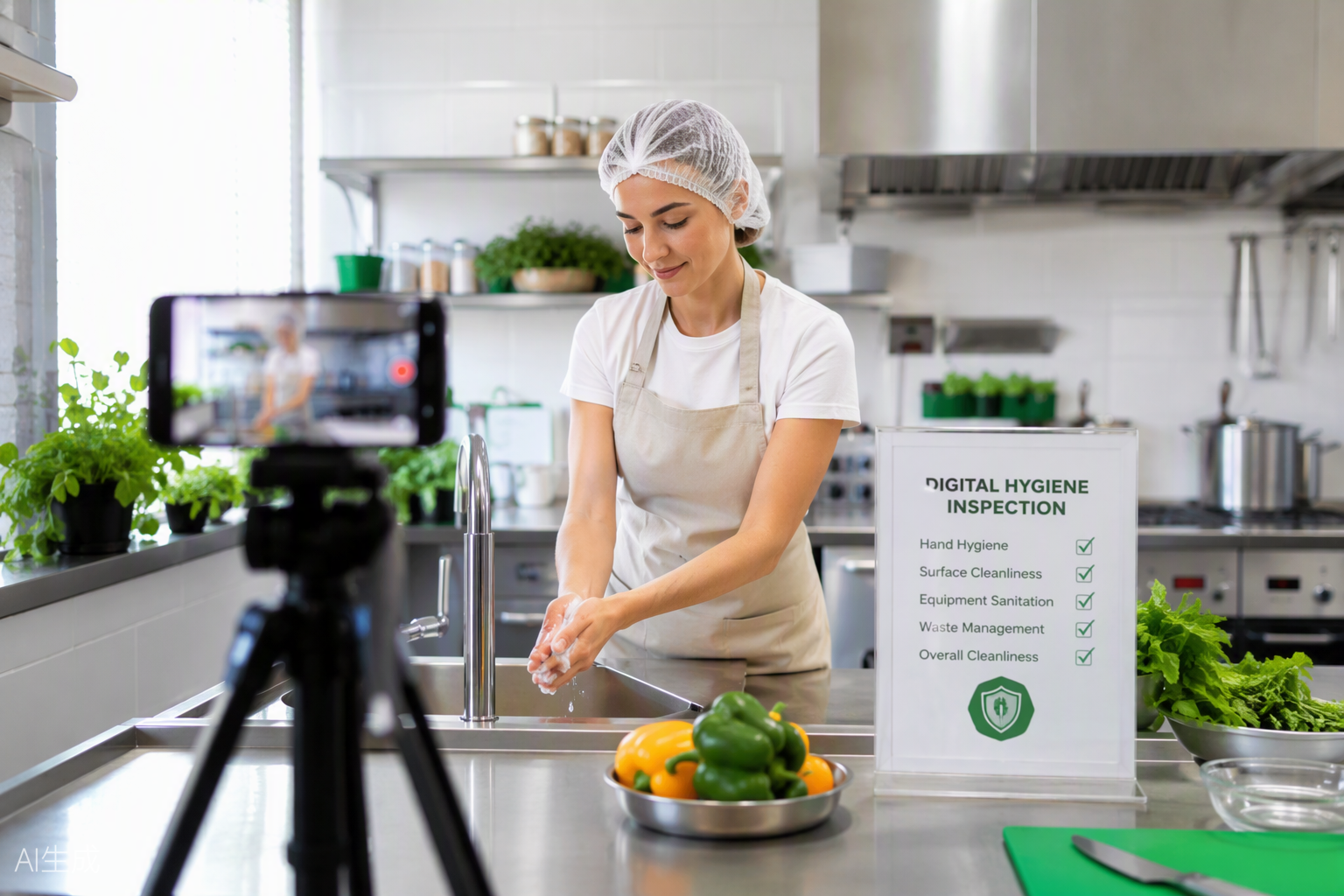 A home cook in a clean apron and hair covering in a spotless kitchen while a smartphone records the AI hygiene vetting